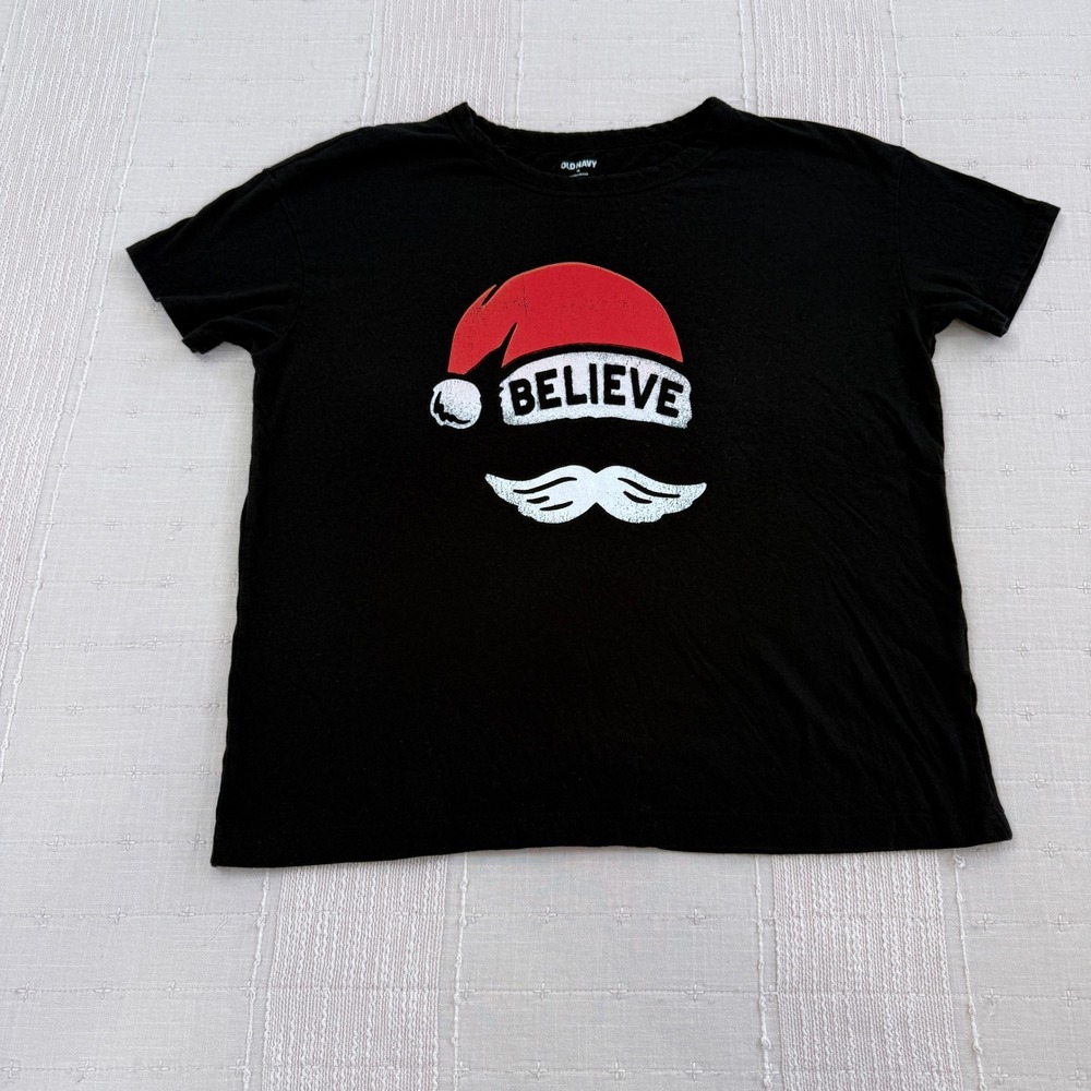 Old Navy Womens M Black Believe Santa Christmas Graphic T Shirt Holiday